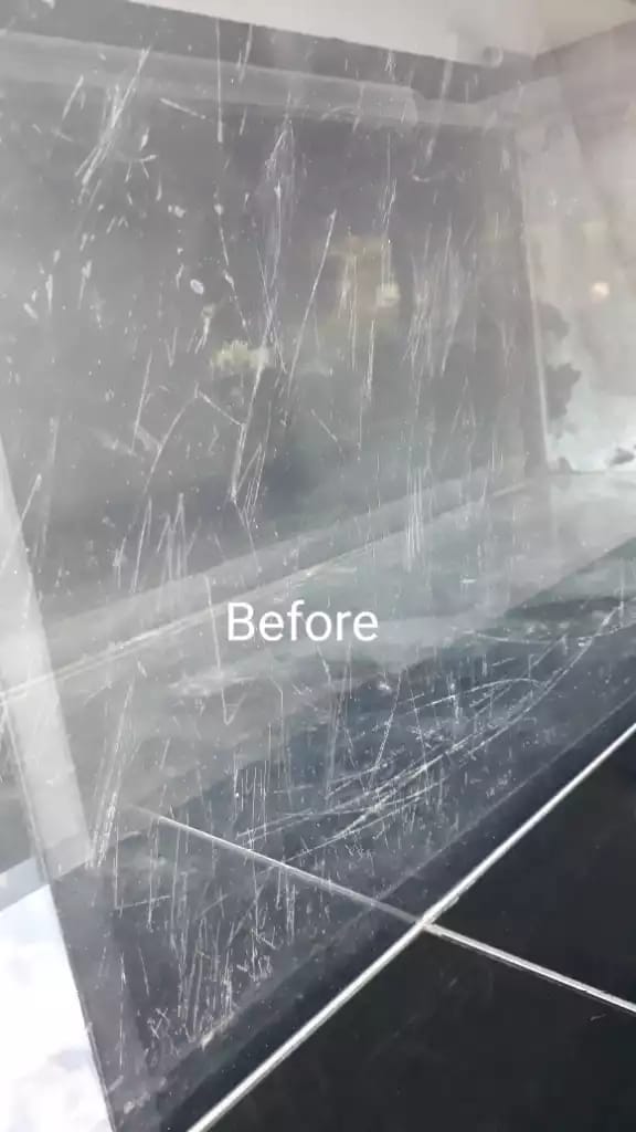 Long aquarium-style viewing panel with overlapping surface marks and the original Before label