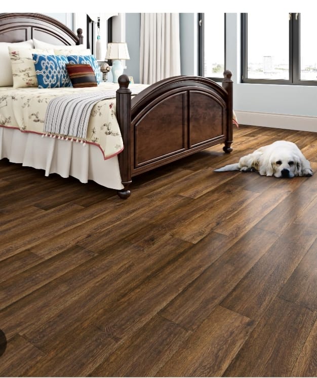 Warm brown plank-style flooring beside a wooden bed frame, with a dog resting on the floor